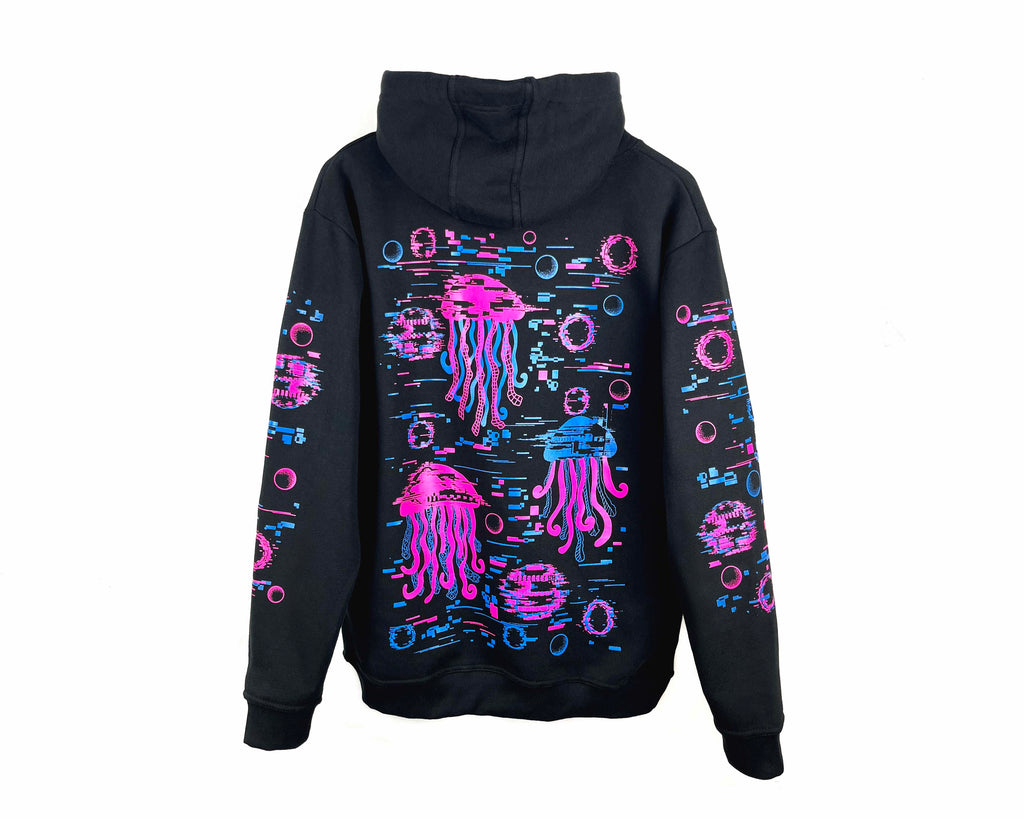 Black hoodie with pink jellyfish design on a white background