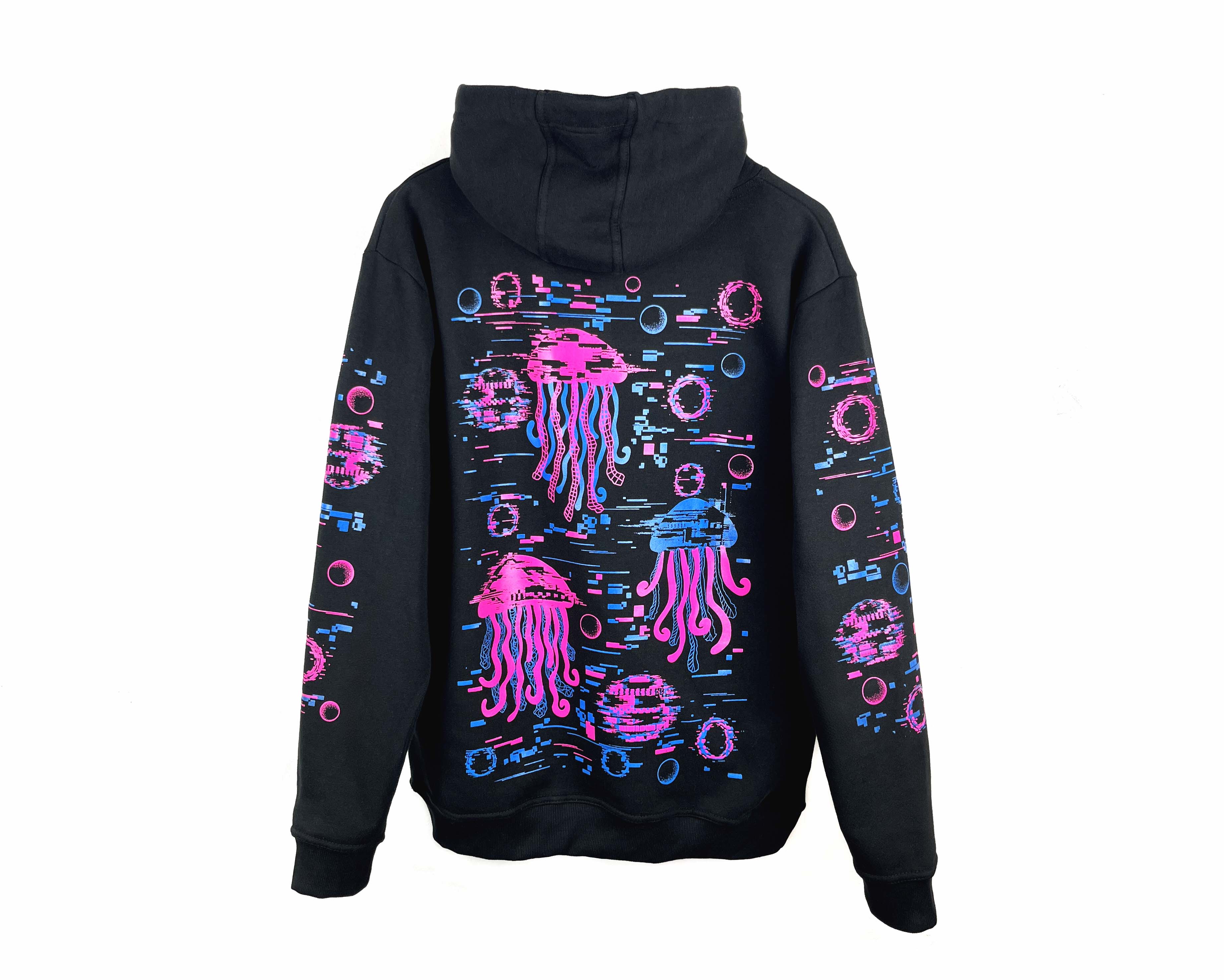 Black hoodie with pink jellyfish design on a white background