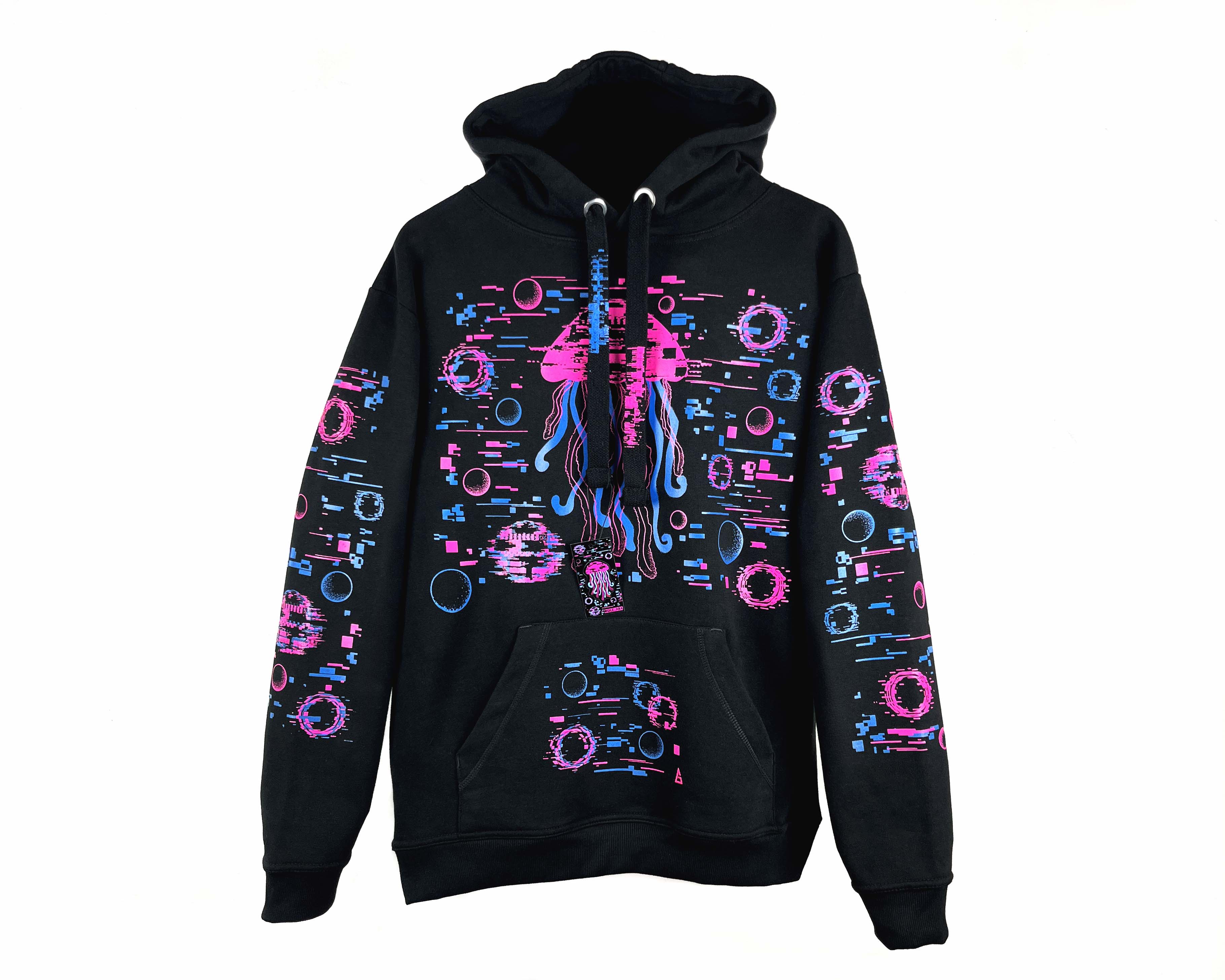 Black hoodie with colorful abstract patterns on a white background