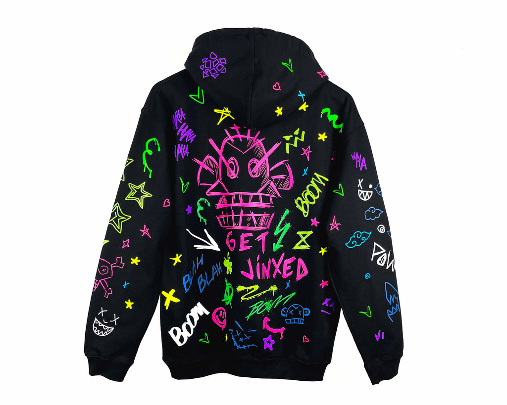 Black hoodie with colorful graphics and text on a white background