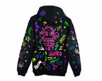 Black hoodie with colorful graphics and text on a white background