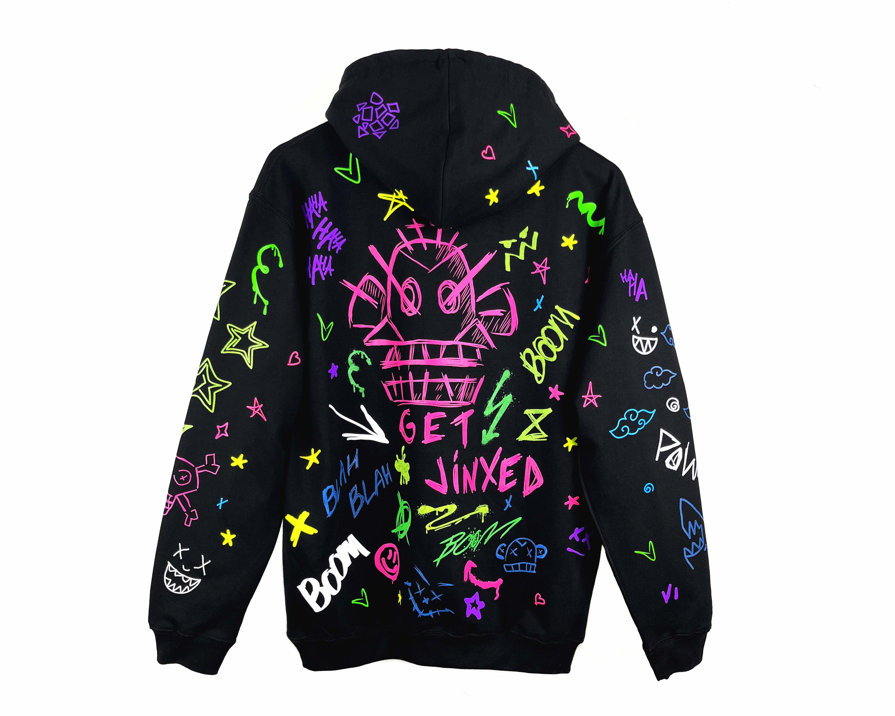 Black hoodie with colorful graphics and text on a white background