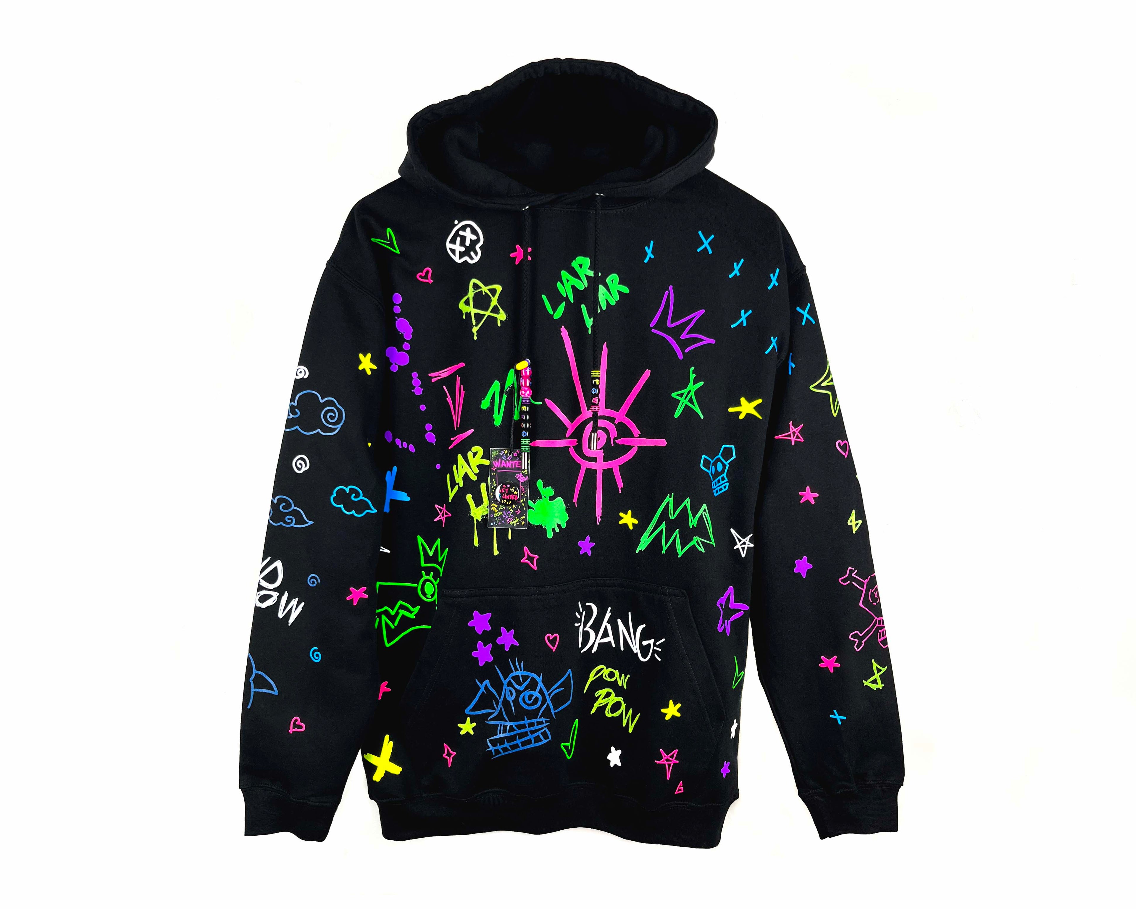 Black hoodie with colorful abstract designs on a white background