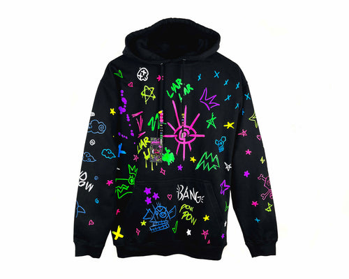 Black hoodie with colorful abstract designs on a white background