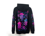A black pullover hoodie shown from the back, featuring a vibrant neon-style graphic print of pink and blue jellyfish and bubbles across the back and sleeves.