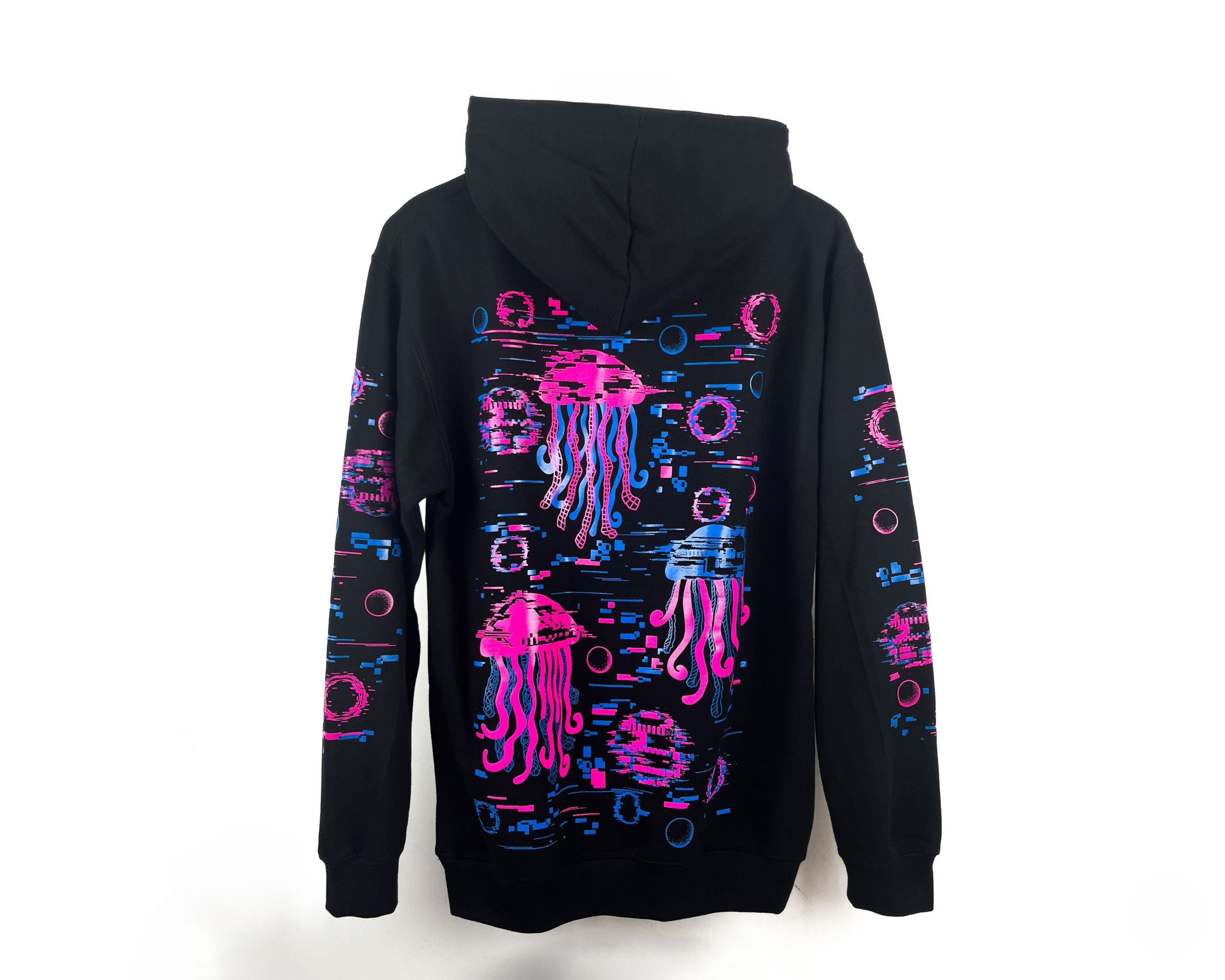 A black pullover hoodie shown from the back, featuring a vibrant neon-style graphic print of pink and blue jellyfish and bubbles across the back and sleeves.