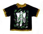 Black t-shirt with a skeleton design and green accents on a white background