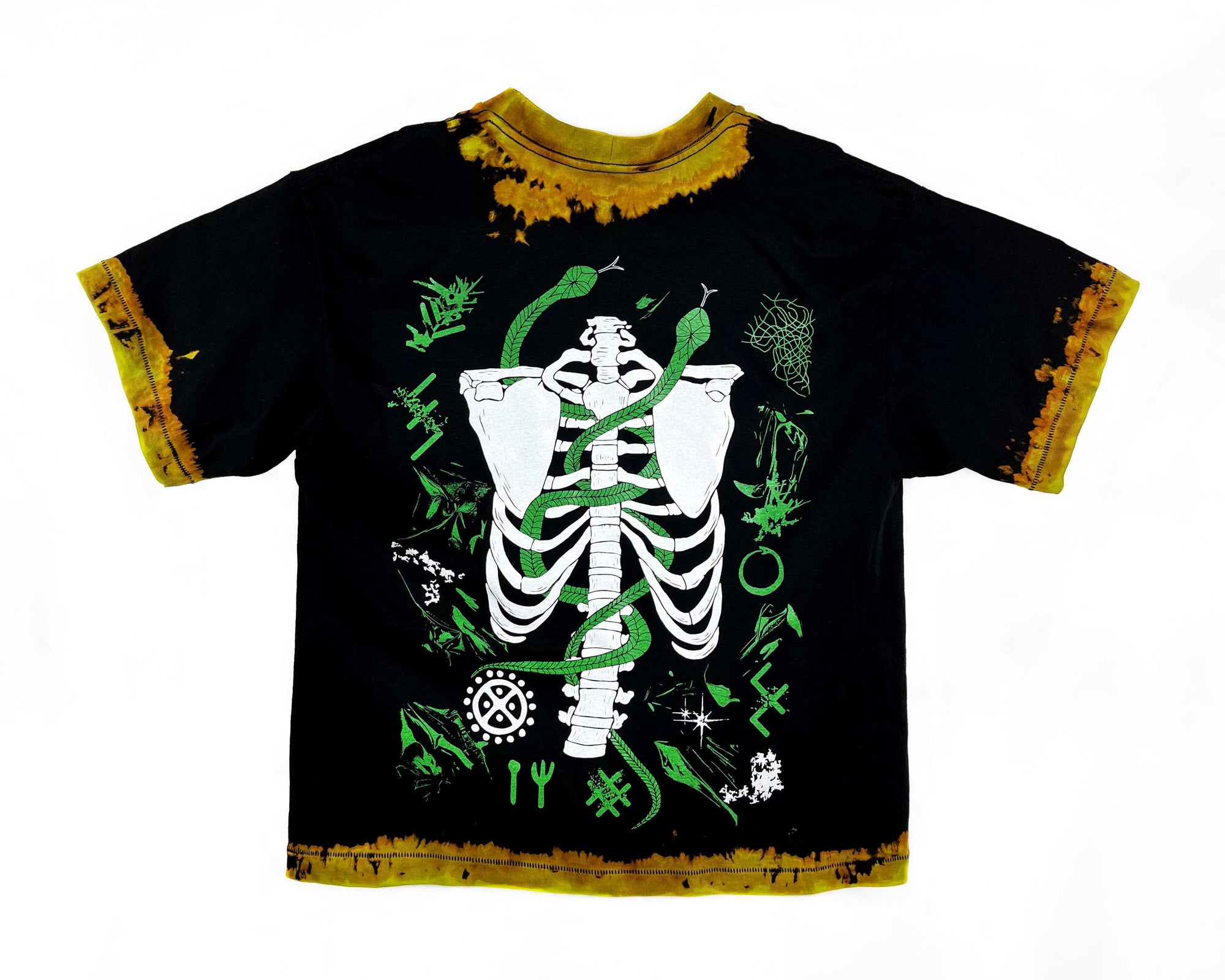 Black t-shirt with a skeleton design and green accents on a white background