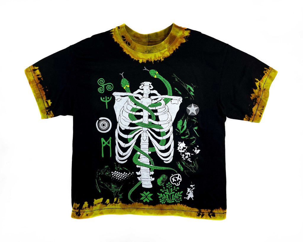 Black t-shirt with a skeleton design on a white background