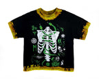Black t-shirt with a skeleton design on a white background