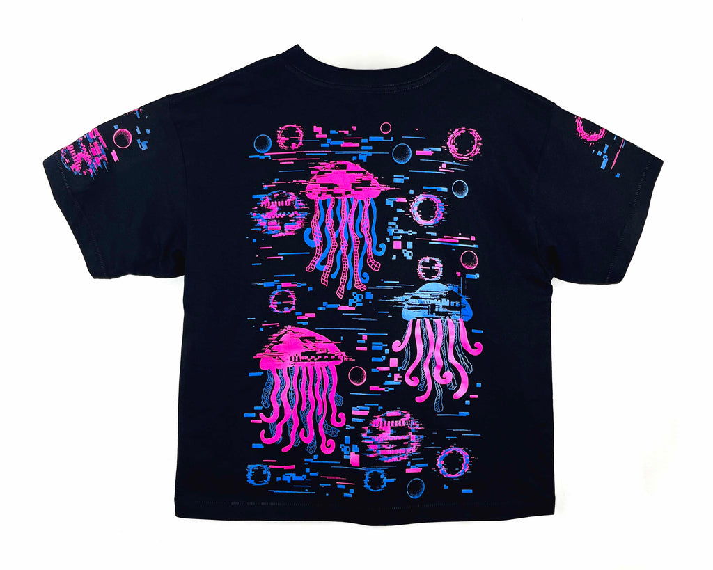 Black t-shirt with pink jellyfish and blue geometric patterns on a white background