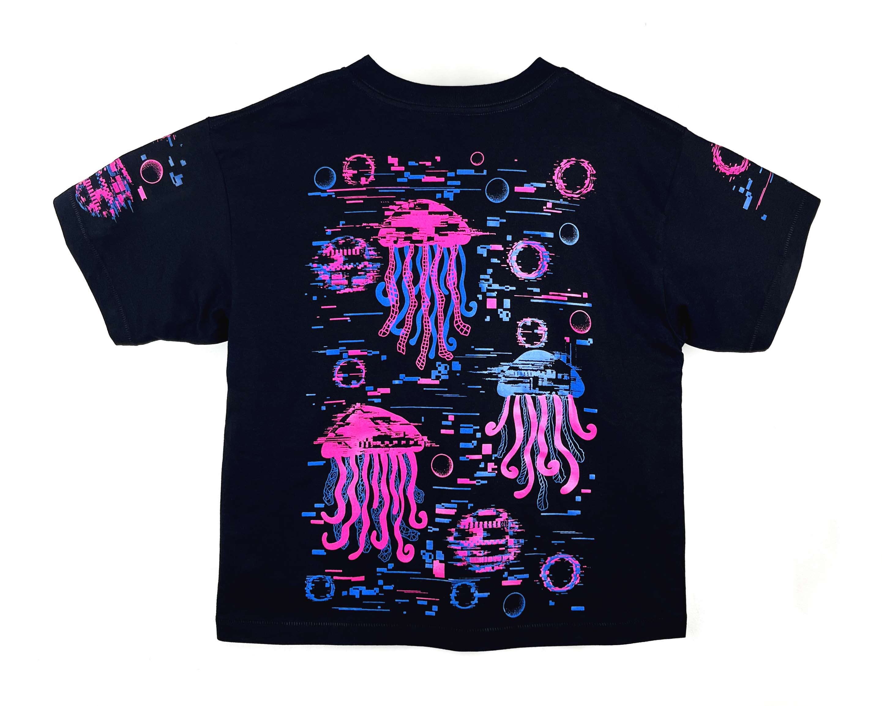 Black t-shirt with pink jellyfish and blue geometric patterns on a white background