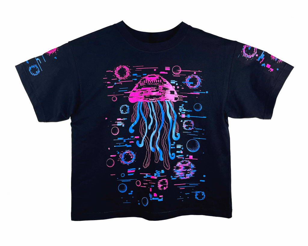 Black t-shirt with a colorful jellyfish graphic on a white background
