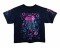 Black t-shirt with a colorful jellyfish graphic on a white background