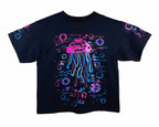 Black t-shirt with a colorful jellyfish graphic on a white background