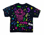 Black t-shirt with colorful graphics and text on a white background