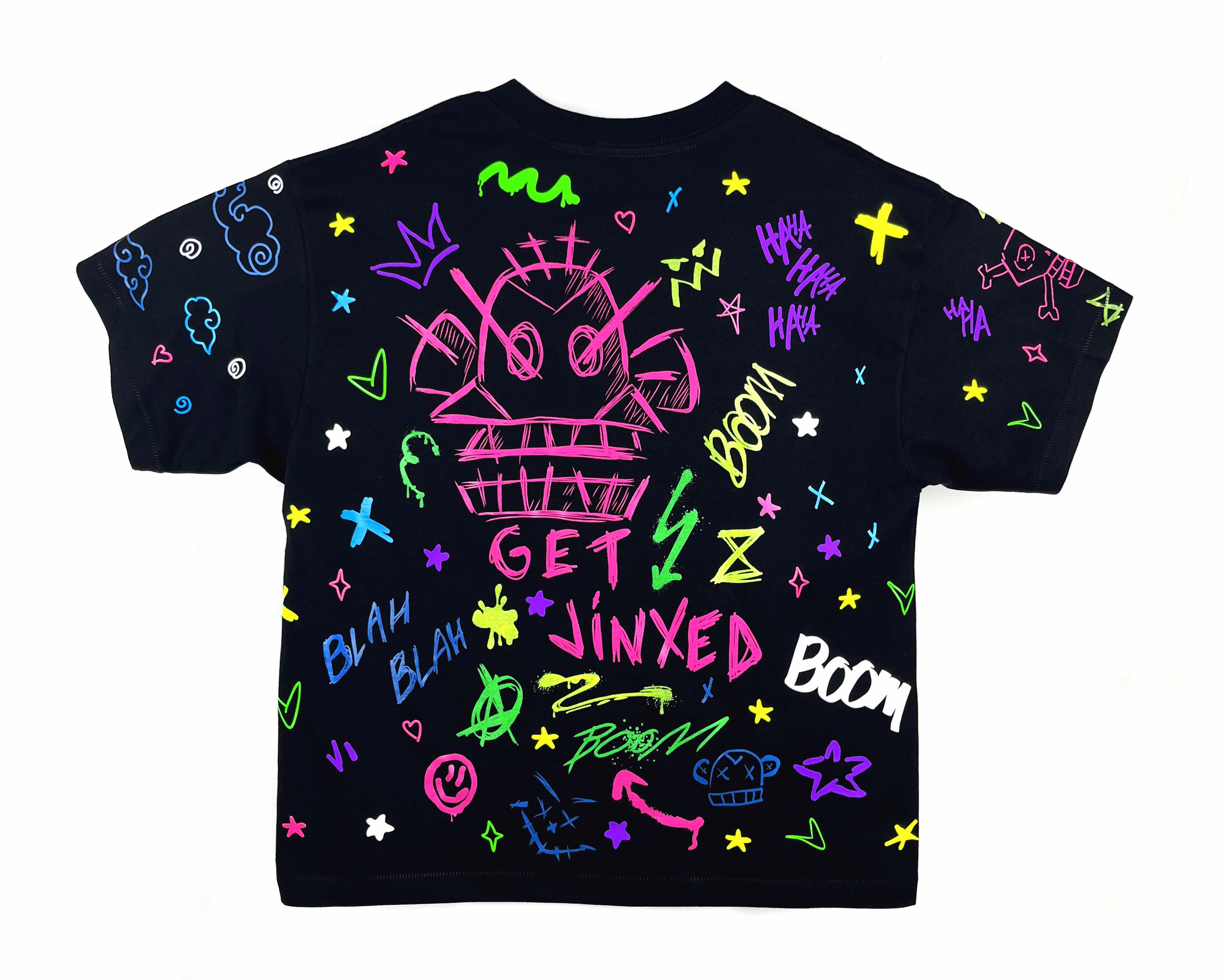 Black t-shirt with colorful graphics and text on a white background