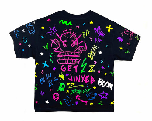 Black t-shirt with colorful graphics and text on a white background