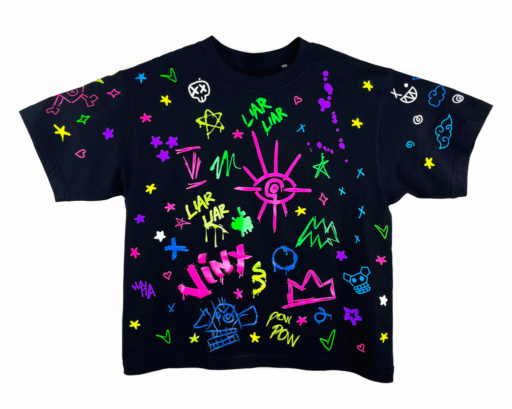 Black t-shirt with colorful graphics and text on a white background