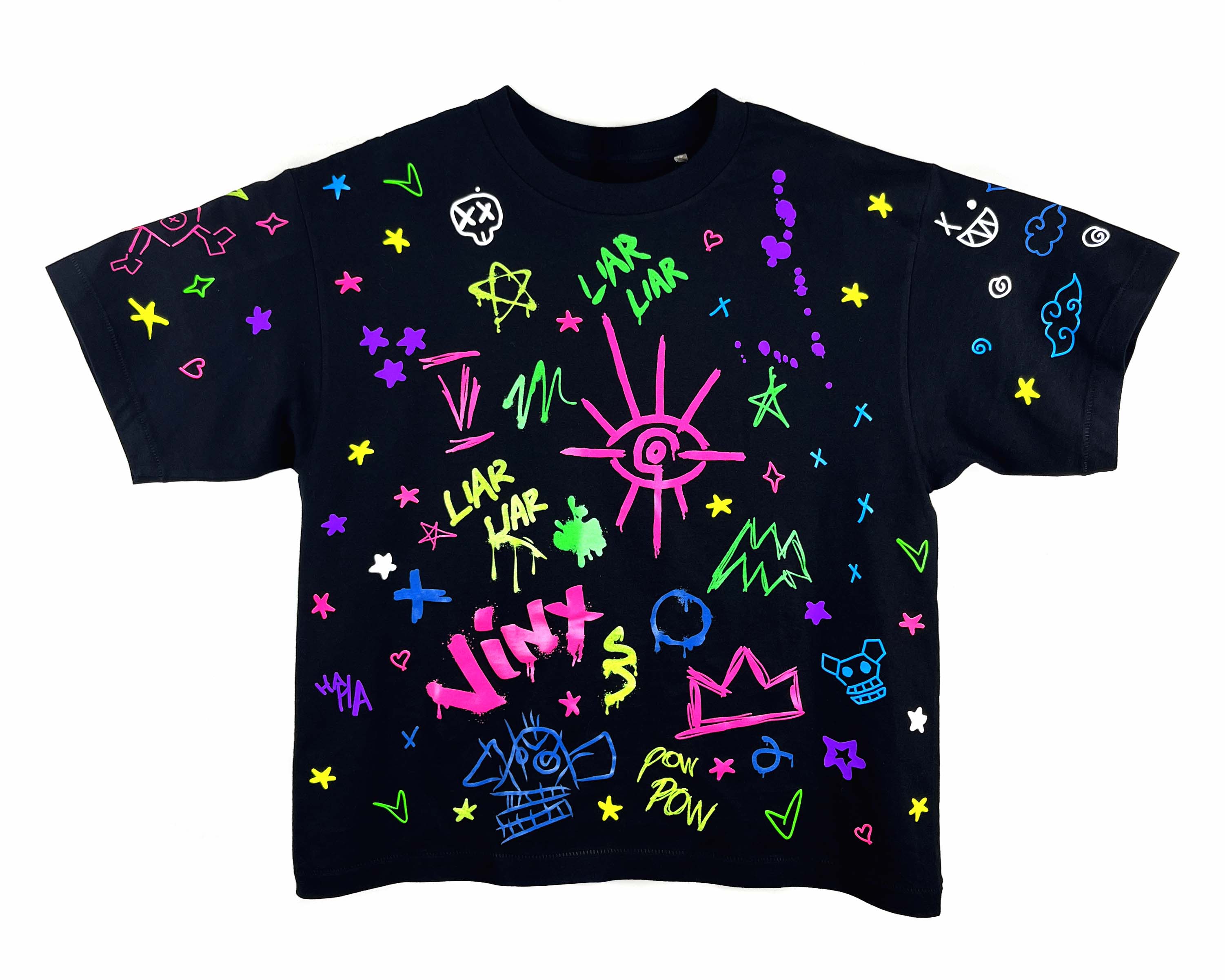 Black t-shirt with colorful graphics and text on a white background