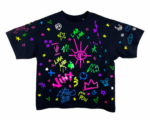 Black t-shirt with colorful graphics and text on a white background
