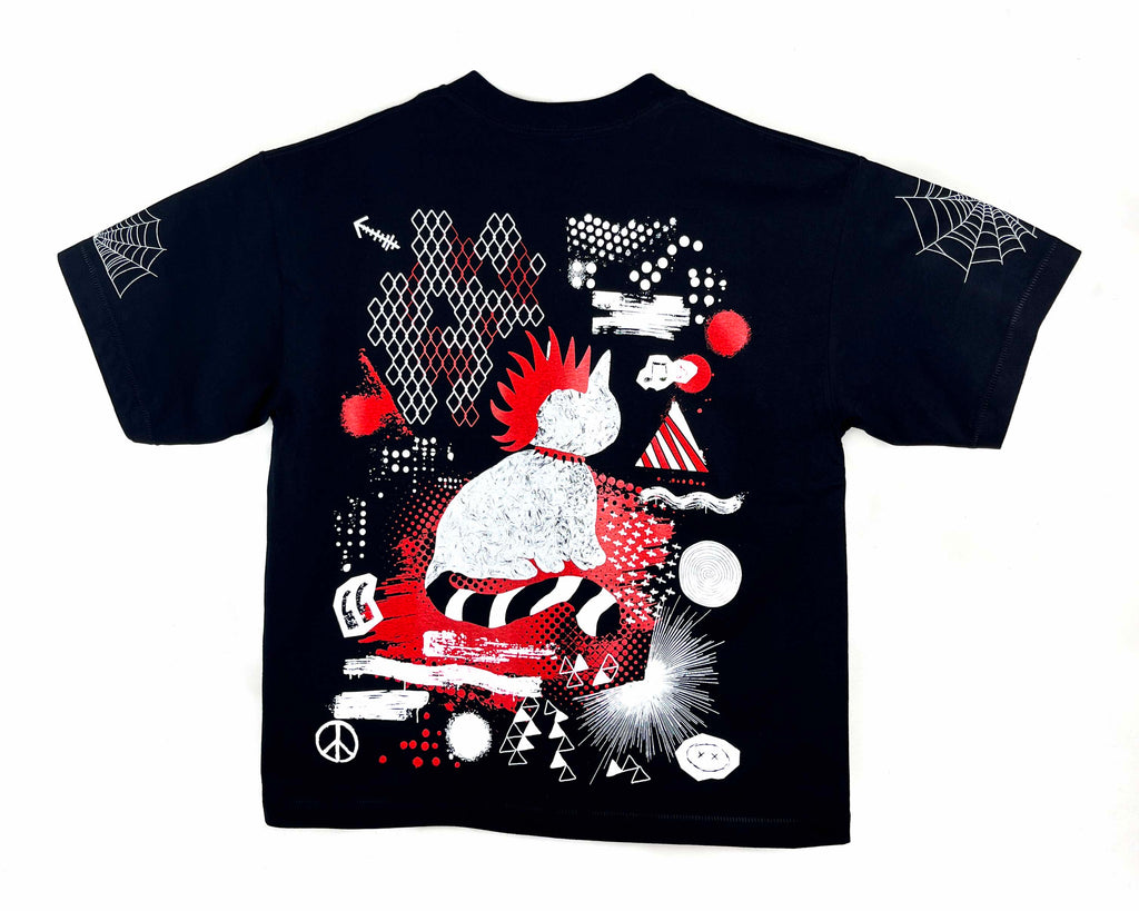 Black t-shirt with red and white graphic design on black t-shirt