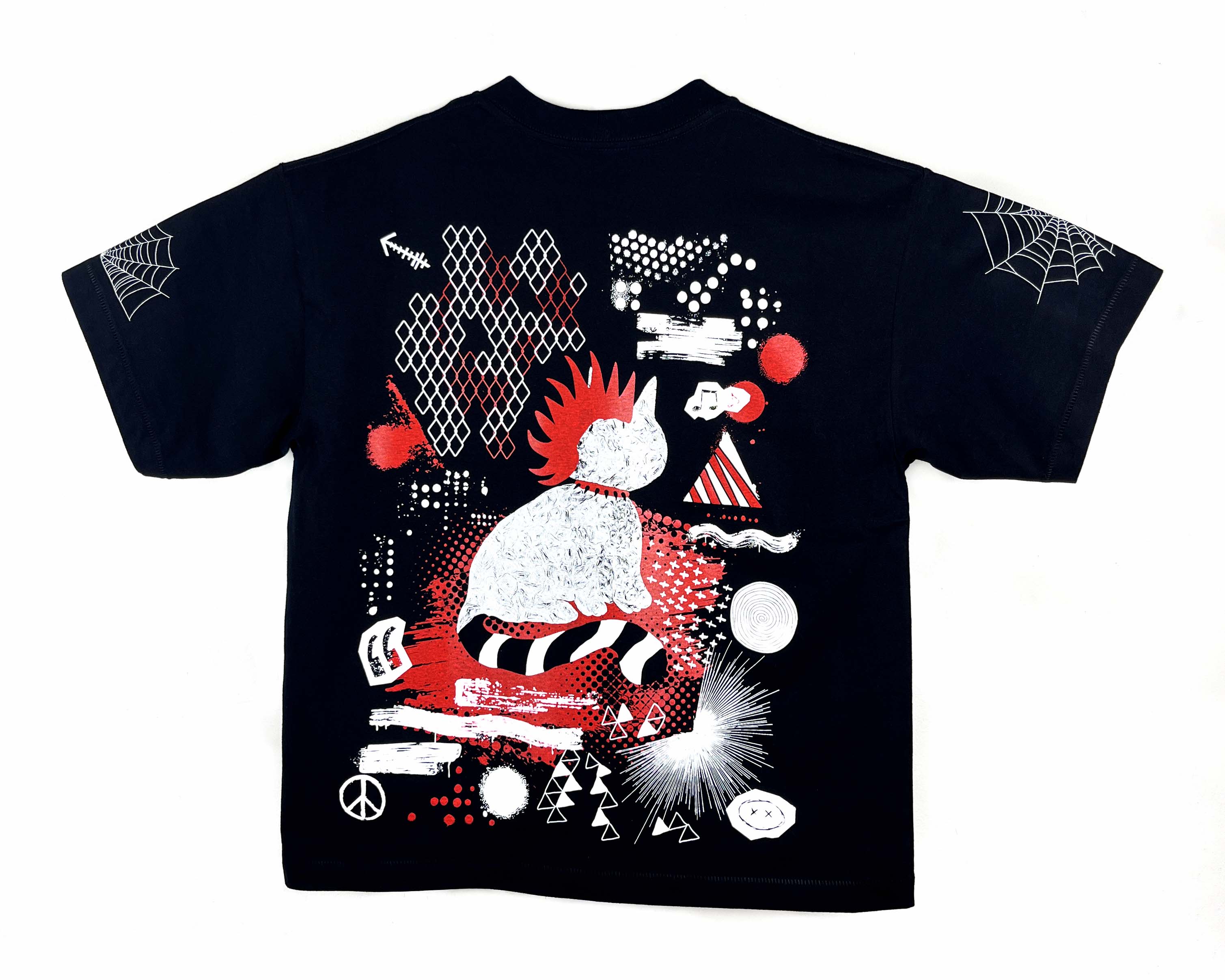 Black t-shirt with red and white graphic design on black t-shirt