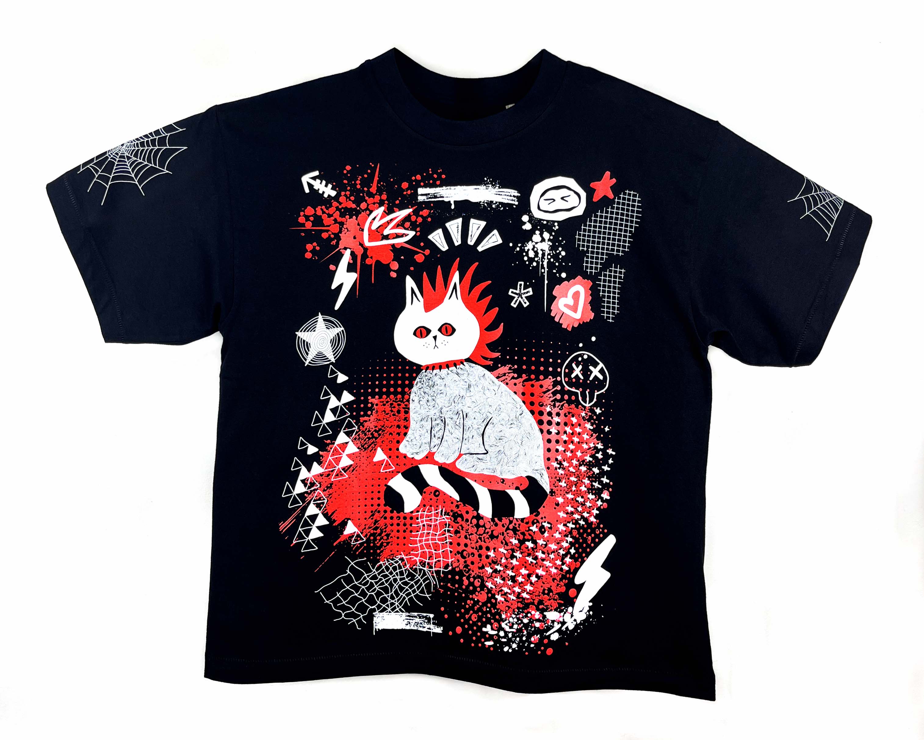 Black t-shirt with red and white graphic design on a black t-shirt
