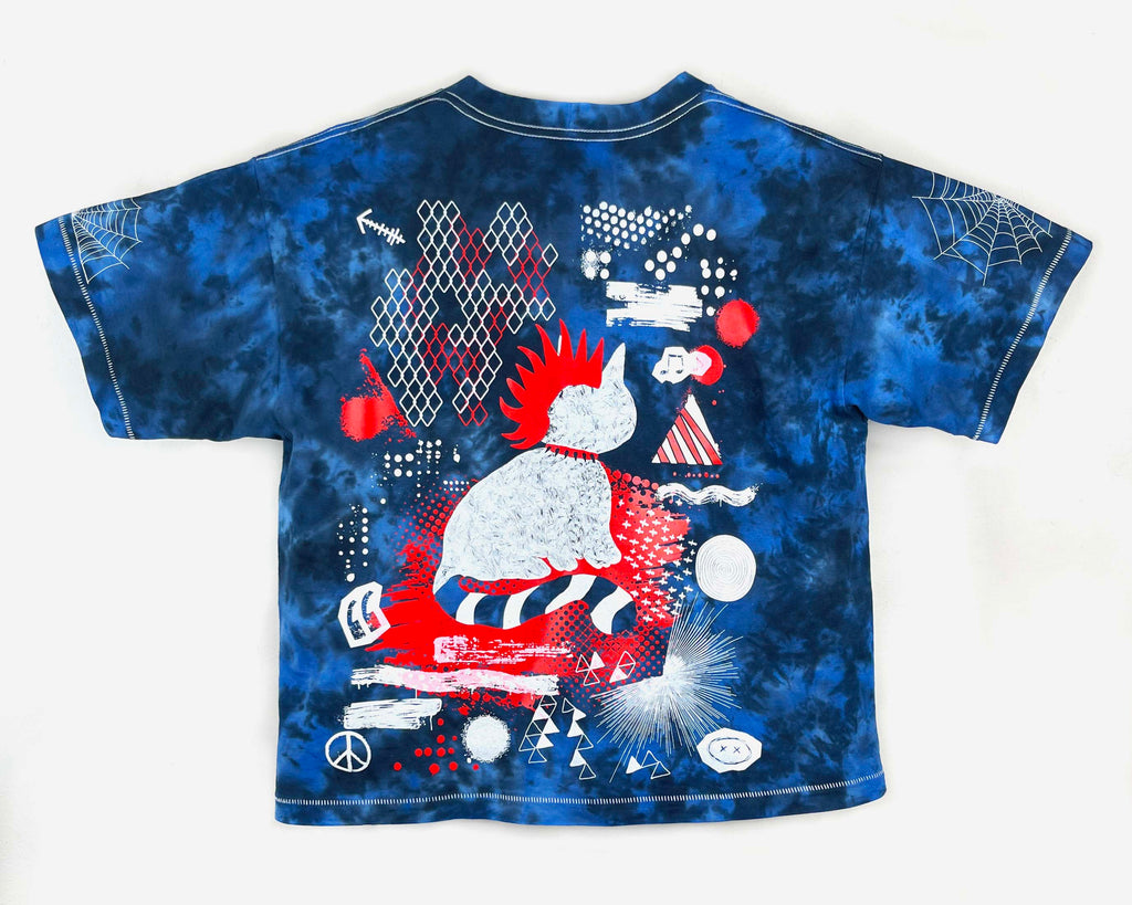 Blue tie-dye t-shirt with abstract design on a white background