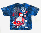 Blue tie-dye t-shirt with abstract design on a white background