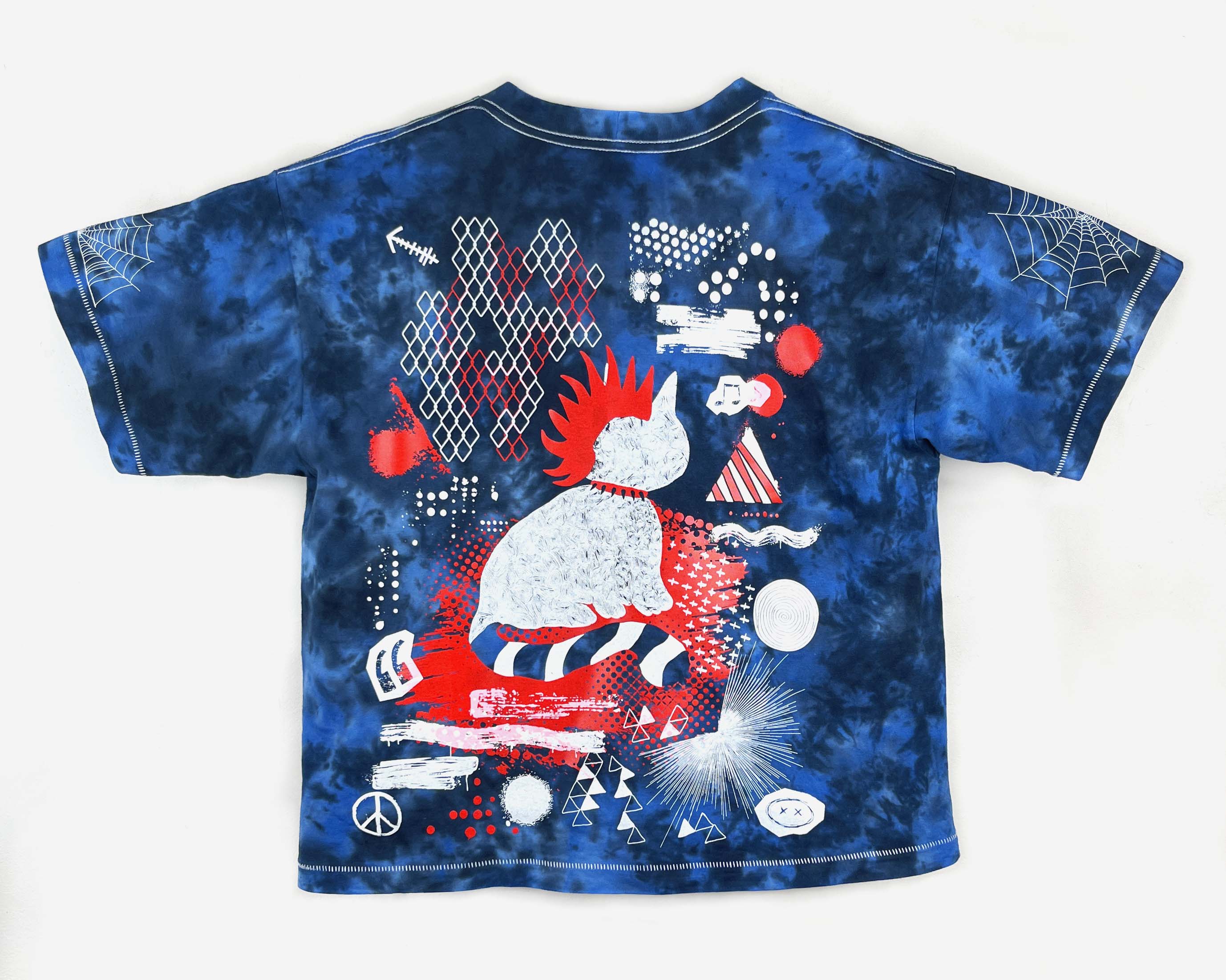 Blue tie-dye t-shirt with abstract design on a white background