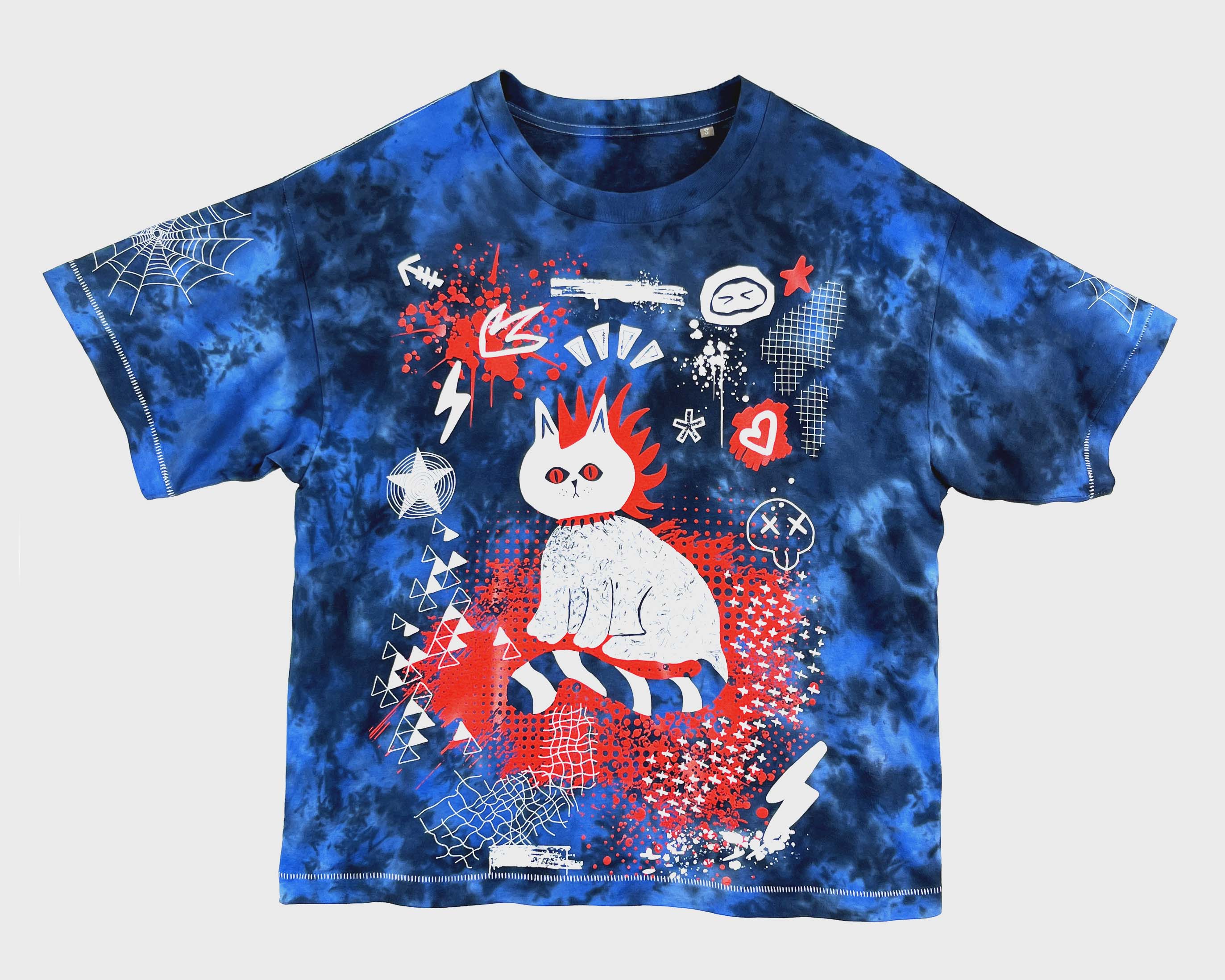 Blue tie-dye t-shirt with graphic design on a white background
