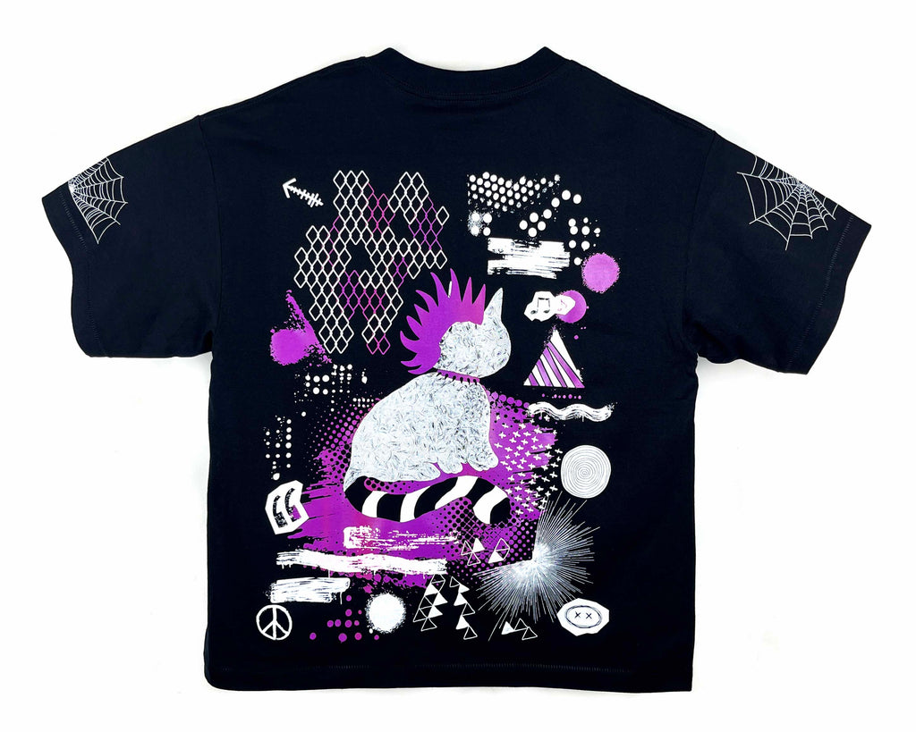 Black t-shirt with white and purple graphic design on a white background