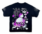 Black t-shirt with white and purple graphic design on a white background