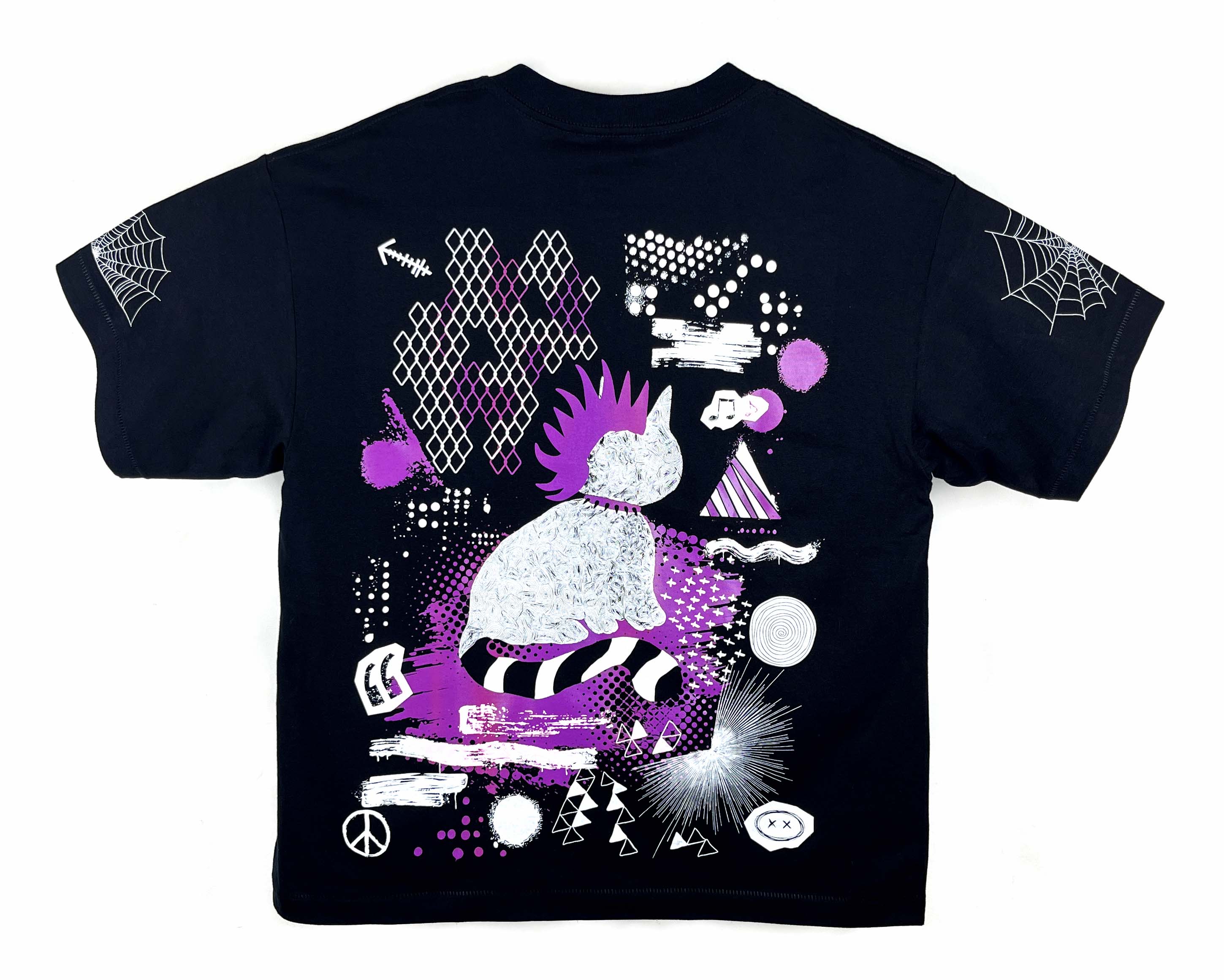 Black t-shirt with white and purple graphic design on a white background