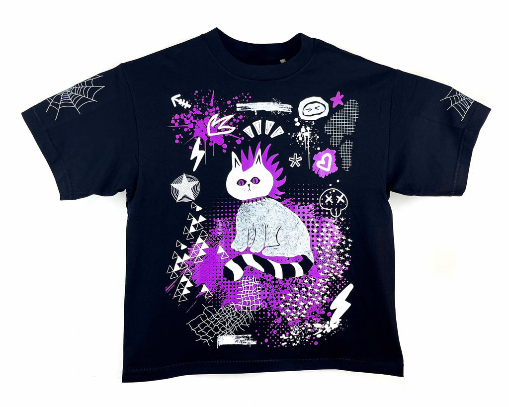 Black t-shirt with a purple and white graphic design on a white background