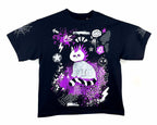 Black t-shirt with a purple and white graphic design on a white background