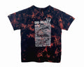 Tie-dye t-shirt with text and graphic design on a white background