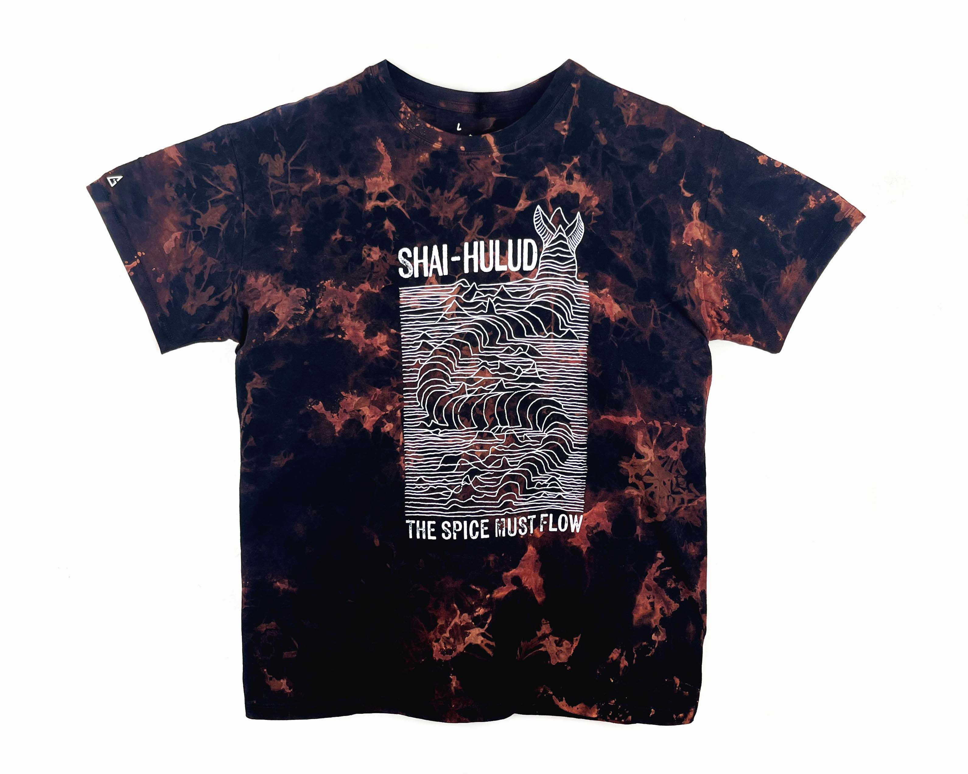 Tie-dye t-shirt with text and graphic design on a white background