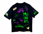 Black t-shirt with colorful graphics and text on a white background