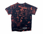 Tie-dye t-shirt with black and red pattern on a white background