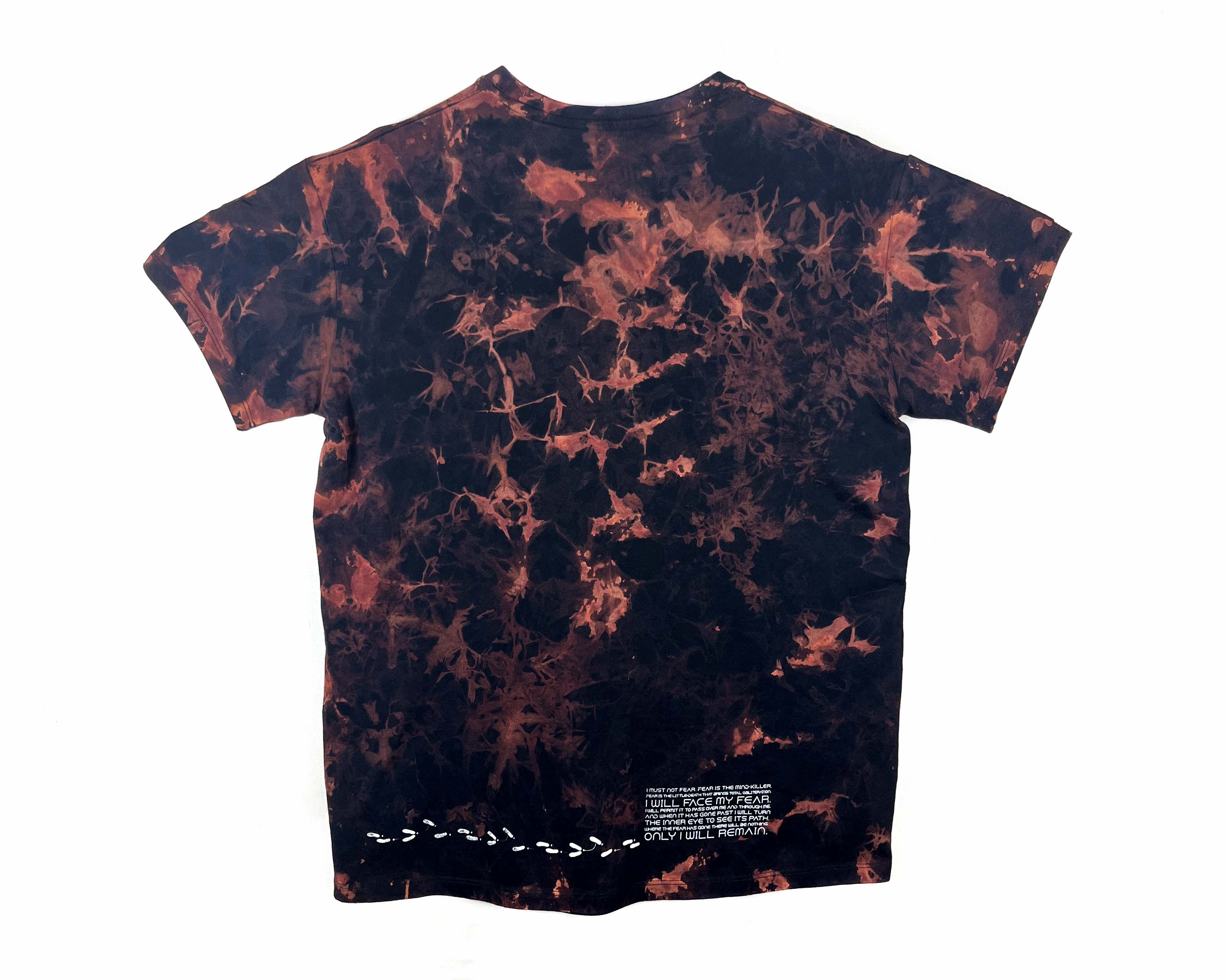 Tie-dye t-shirt with black and red pattern on a white background