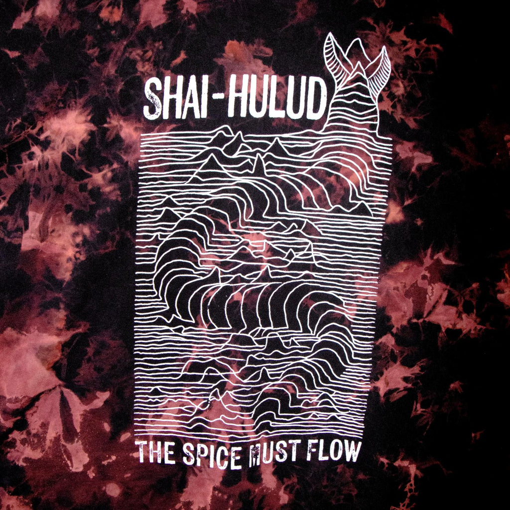 Print on t-shirt with 'Shai Hulud' and 'The Spice Must Flow' text on a tie dye patterned background