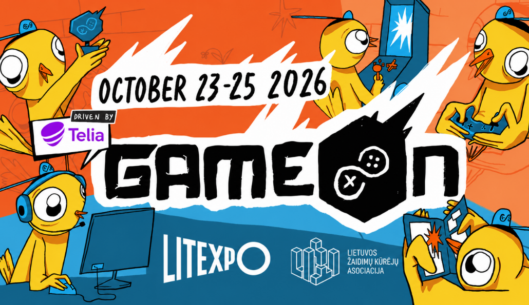 Promotional graphic for Game On Litexpo 2026, featuring cartoon yellow birds and gaming characters around stylized text reading 'OCTOBER 23-25 2026 GAME ON' and event sponsors including Telia and Litexpo.