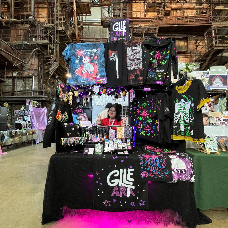Event booth exposing colorfull clothing and accesories in industrial area