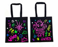 Two black tote bags with colorful designs and text on a white background