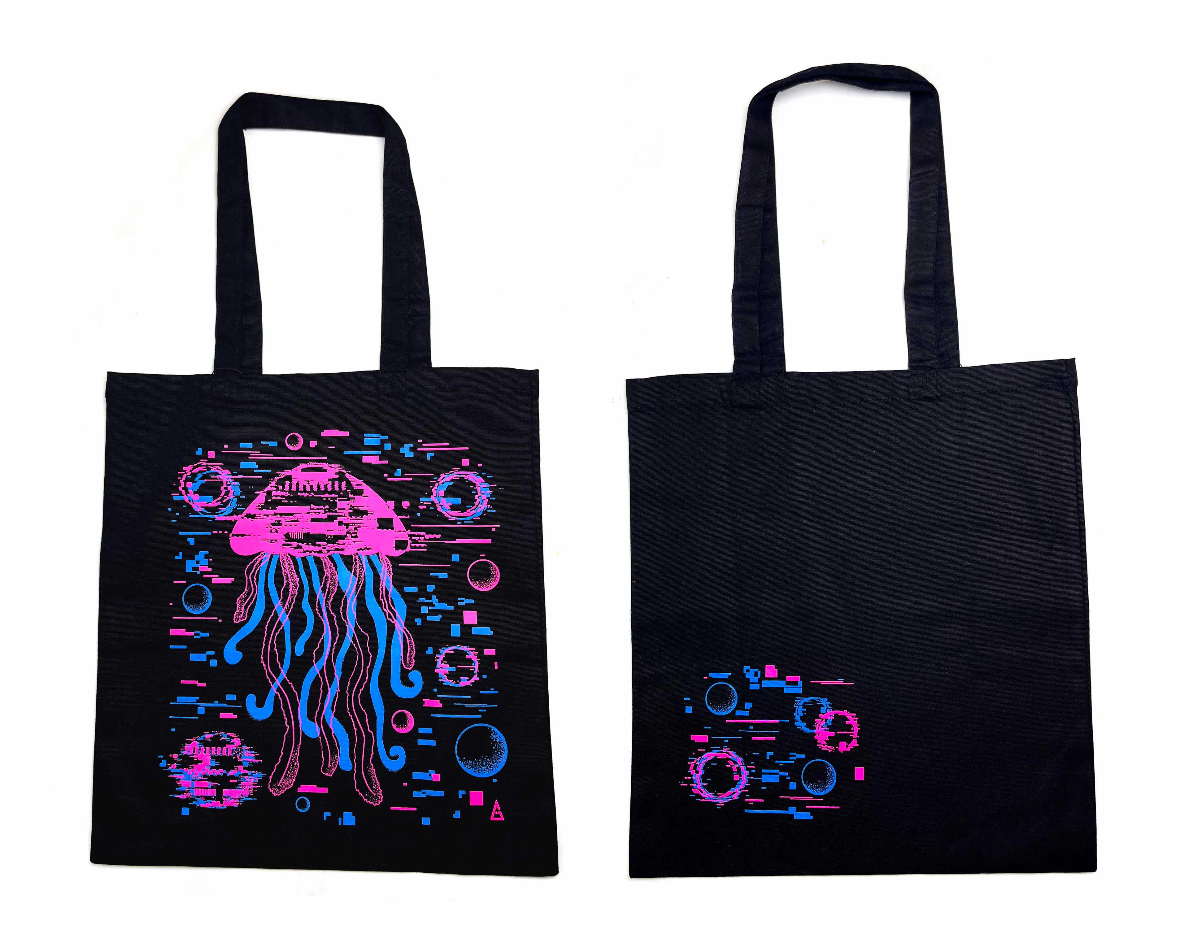 Black tote bags with colorful jellyfish design on a white background
