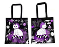 Two tote bags with a stylized cat design on a black background